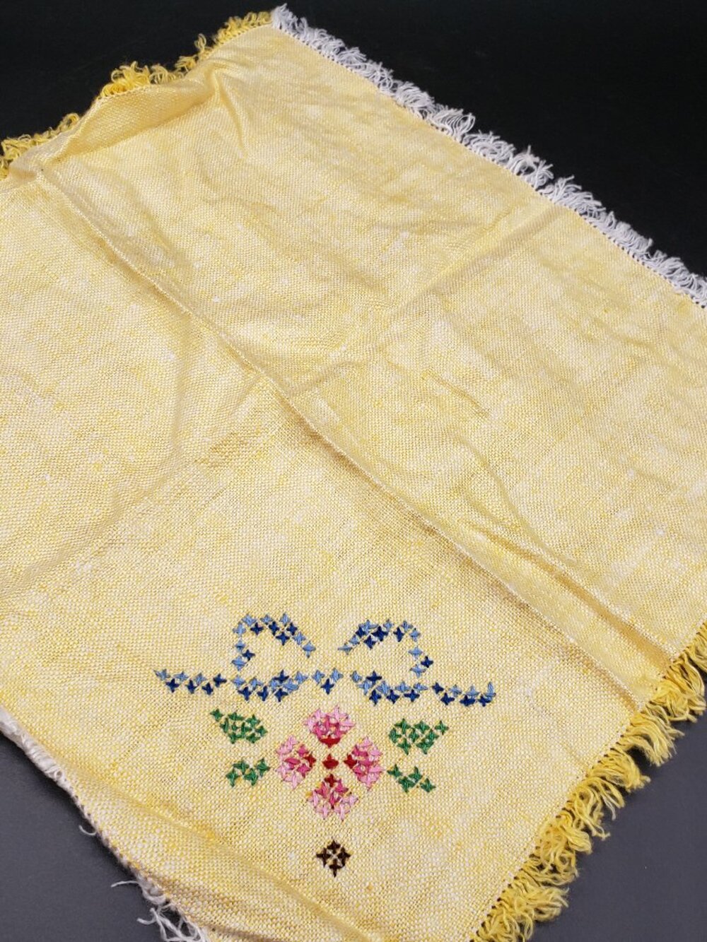 Vintage Yellow Linen Doily 12"x11" Cross Stitch Floral & Bow Design Fringe Edge